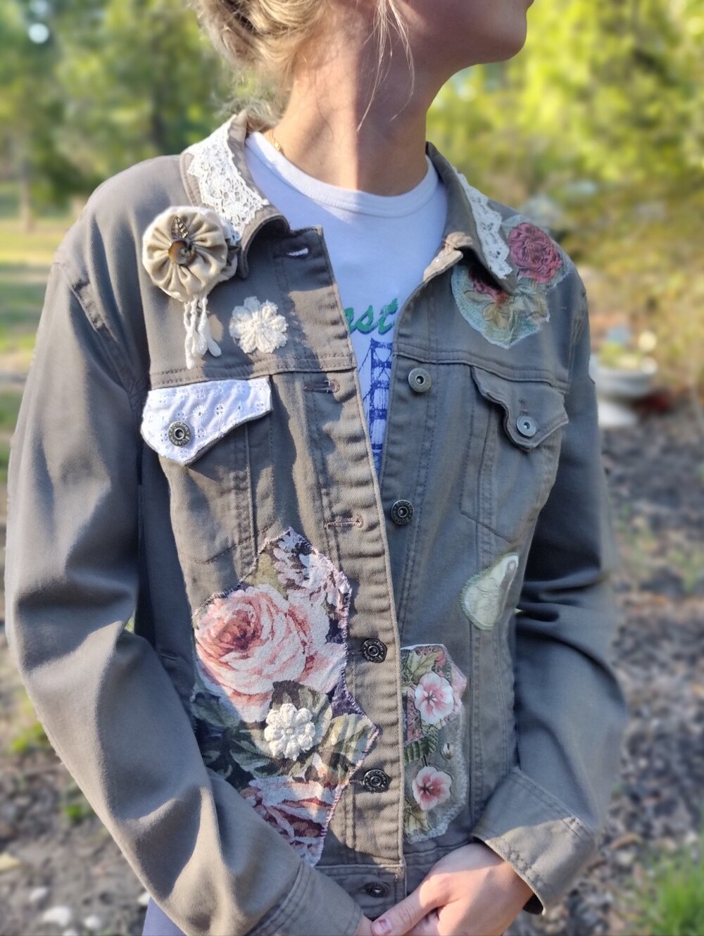 Embellished Olive Green Women's Jacket - Wearable Art